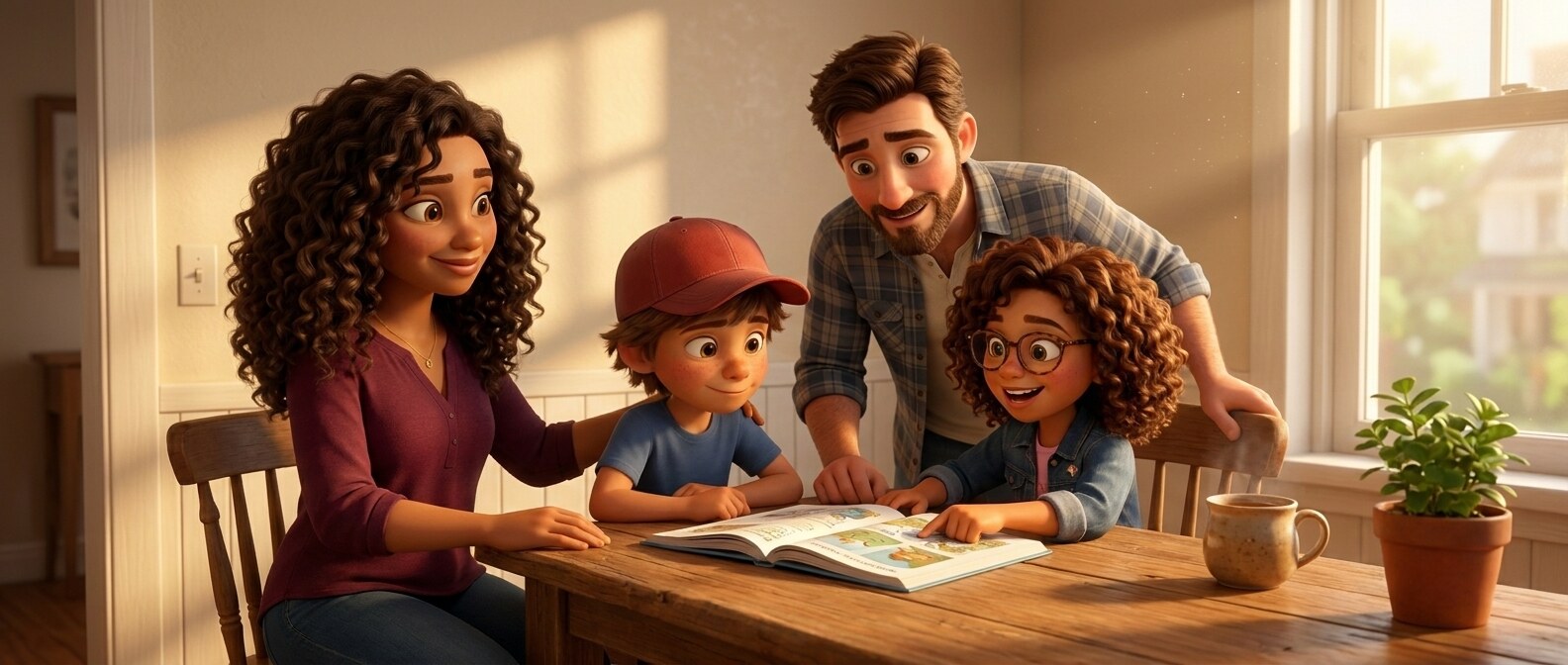 A family reading and learning together at a warm kitchen table